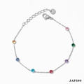 Silver stainless steel anklet with colorful round rhinestones and lobster clasp - Silver Colorful Zirconia Style (A390)