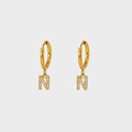 Elegant gold plated stainless steel hoop earrings with crystal letter N charm - Letter N