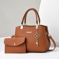 Brown woven texture tote and envelope clutch bag set with metallic KUOY logo details - Earthy Yellow