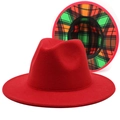 Klassischer roter Wollfilzhut Fedora mit buntem Karomuster unter der breiten Krempe - M (56-58cm) / Rot + Buntes Karo