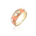 Detail eines Evil Eye Rings mit Emaille, weißem Zirkon und kleinen Seitenperlen - Einstellbar Offen / Orange