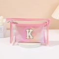 Pink laser makeup bag set with transparent PVC outer pouch and velvet letter K patch - Peach Red [K]