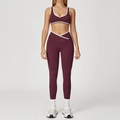 Women's burgundy yoga set with white contrast piping and high-waist v-cross leggings - S / Top And Bottom / Dark Burgundy (Bra + Leggings)