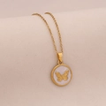 Macro detail of golden butterfly pendant with white enamel on stainless steel chain - White Round Style (White #6)