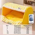 Yellow checkered calming pet bed size chart showing six dimensions for dogs and cats - Yellow Bed + Blanket