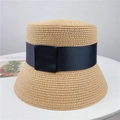 Women's woven straw bucket hat with navy grosgrain ribbon and bow for beach vacations - M (56-58cm) Adjustable / Light Coffee
