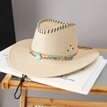 Chapeau de cowboy en paille beige avec perles colorées et cordon réglable été - Milky blanc