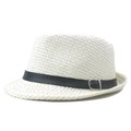 Cappello fedora bianco intrecciato con nastro in pelle nera e fibbia metallica - 58cm / Bianco Sporco