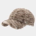 Detailed view of the soft faux fur texture and camel brown finish of this baseball cap - Light Brown Plush / Khaki