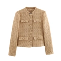 Elegante giacca in tweed dorata da donna con filo metallico e design a quattro tasche - Taglia S / Top / Kaki