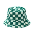 Green and white checkerboard plush bucket hat in soft faux fur for winter warmth - 56-58cm / Green & White Checkerboard