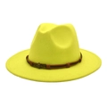 Detail of yellow wool fedora hat with brown braided band and bronze skull ornament - M (56-58cm) / Neon Yellow