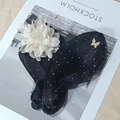 Elegant black mesh hair bun maker with large white fabric flower and butterfly accent - Twist Clip / Beige Fuzzy Flower
