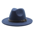 Close-up of a navy wool fedora hat featuring a brown leather band and metal horsebit buckle - Navy Blue