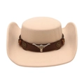 Vintage beige wool felt cowboy hat with silver bull head metal stud and leather band - One Size / Beige (With Brown Bull Head Band)