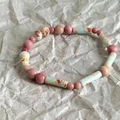 Pastel pink and sky blue beaded stone bracelet with cylindrical spacers and round beads - Blue Green Shoushan Stone Bracelet