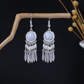 Detail of silver bohemian earrings with white stone and tassel on a dry branch - Silver White (E6338)