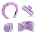 Detail showing purple plush headband, hair claw, and wristbands set in soft fabric - Purple 5pcs Set (Headband, Hair Clip, Scrunchies, Wristbands)