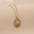 Vintage golden sunflower necklace with oval floral pendant and white pearl center - Off White