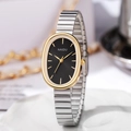 Elegant oval ladies watch with black dial, golden bezel and silver stretch steel band - Silver Band Gold Case Black Dial