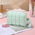 Portable light green quilted cosmetic bag with diamond pattern and carry handle - Octagonal Pouch / Light Green