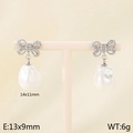 Silver bow stud earrings with 14x11mm white baroque pearls in a minimalist fashion style - Pave Bow-Knot Pearl Style (Style H Silver KE115975-GC)