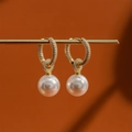 Elegant pearl drop earrings with micro-paved zircons and gold hoops for women - Luxury Pearl Earrings / Gold