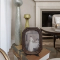 Detail of a vintage dark wood frame with ornate carvings featuring a classic tea scene - 6-inch Square 13x17cm