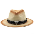 Western straw sun hat with gradient weave and vintage silver longhorn metal buckle - M (56-58cm) / Beige Brown Gradient Bull Head Style (05)