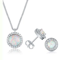 Parure bijoux opale élégante avec collier pendentif rond et boucles d'oreilles argent - Ensemble Collier Et Boucles d'Oreilles
