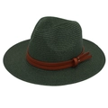 Detail of dark green straw fedora hat with brown leather band and metal buckle - Dark Green