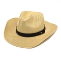 Close-up of beige woven straw fedora with black leather band and gold stud detail - M(56-58cm) / Beige