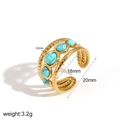 Gold stainless steel open ring with five turquoise stones and oversize pearl detailing - Adjustable Open / Five Turquoise Stones Row Inlaid Style (TR4355)