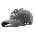 Close-up of vintage Route 66 patch embroidery and distressed brim on gray baseball cap - One Size(Adjustable) / Black