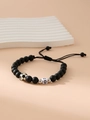 Black matte beaded soccer bracelet with white square number 0 bead and silver soccer charm - Letter O