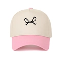 Detailed embroidery of a black bow on a pink and beige color-block baseball cap - Adjustable / Pink