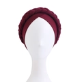 Braided twist turban hat in wine red soft elastic knit fabric on a white mannequin head - One Size