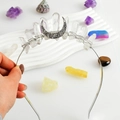 Handcrafted silver crown with raw natural crystals and an ornate crescent moon ornament - White