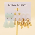 6-pair set with mint resin drops, gold hoops, and pearl studs on a display card - Mint Green Pearl Multi Circle (20)