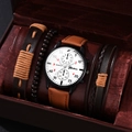Men's quartz watch gift set with brown leather strap and four stylish bracelets in box - Brown Strap White Dial Set (No Box)