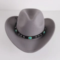Close-up of gray wool western cowboy hat with studded leather band and turquoise stone - M (56-58cm) / Gray
