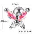 Pink zircon butterfly stud earring in stainless steel with 5.27x4.67mm dimensions - Silver + Pink AB Zirconia