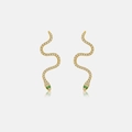 925 Sterling silver snake stud earrings in gold with white crystals and green stone eyes - Gold