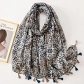 Long scarf with blue floral geometric prints and tassels in a minimalist setting - C1113 Vintage Geometric Blue Brown