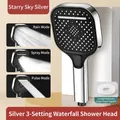 Three-mode handheld pressurized shower head in starry silver finish with chrome plating - 3-Setting Silver Waterfall Shower Head