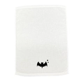 White cotton festive towel featuring black embroidered bat and stars on white background - Halloween Bat / White