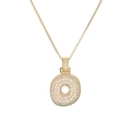 Detail of gold-plated circular pendant necklace with micro-paved sparkling cubic zirconia - Letter O