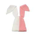 Detail shot of pink and white patchwork knitted hat with long rabbit ears for winter - M (56-58cm) / White Pink