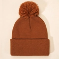 Kids warm caramel ribbed knit beanie with a large matching faux fur pom-pom topper - One Size / Caramel color