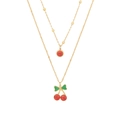 Collana a doppio strato in acciaio inossidabile dorato con ciondolo ciliegia e pietra rossa - Collana a Doppio Strato con Pietra Rossa e Ciliegia (4#)